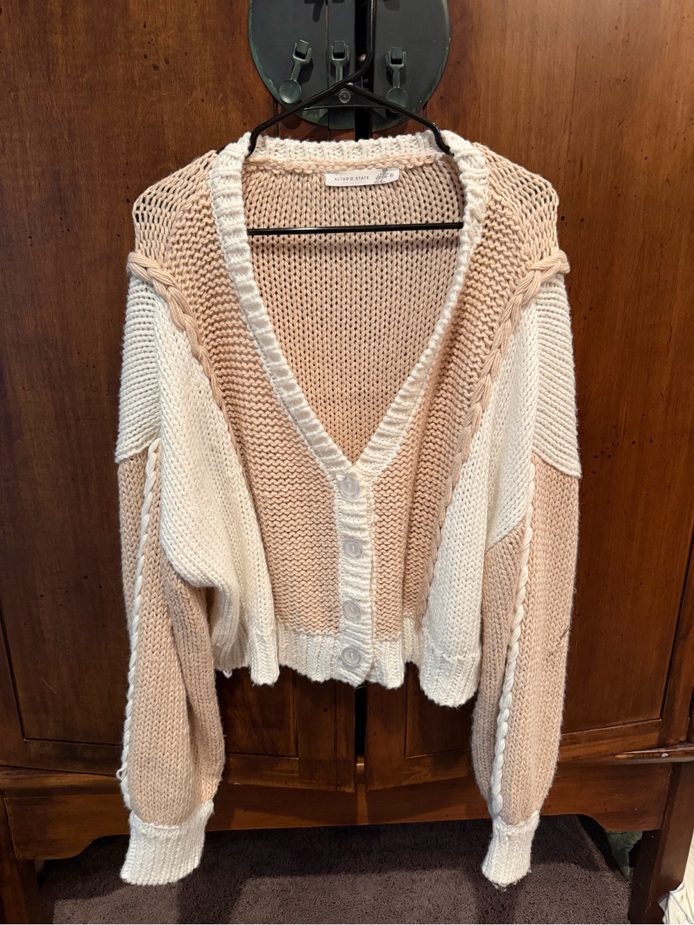Altar'd State Cream & Beige Cropped Chunky V-Neck Button Cardigan
